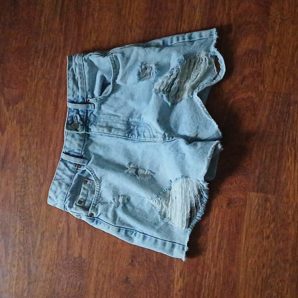 Distressed denim shorts